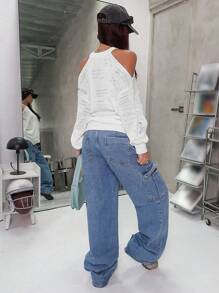 SHEIN EZwear 女用肩部鏤空和仿舊細節超大毛衣 - 白色 - 查看 2