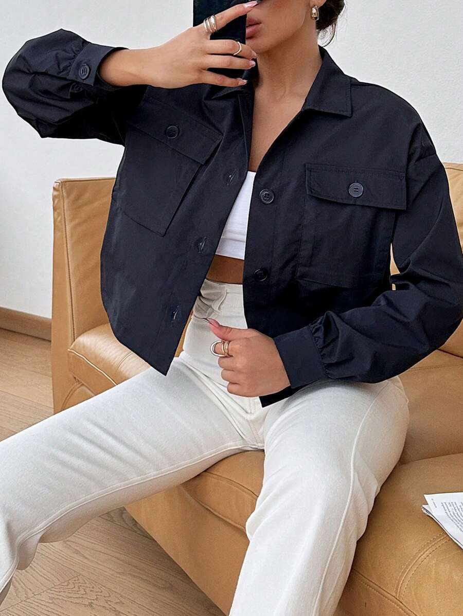 RueChic Flap Pocket Drop Shoulder Jacket - Black - View 1