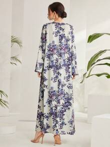 Al Najma Embroidery And Patchwork Flower Pattern Bell Sleeve Kaftan Modest Long Sleeve Arabian Dress