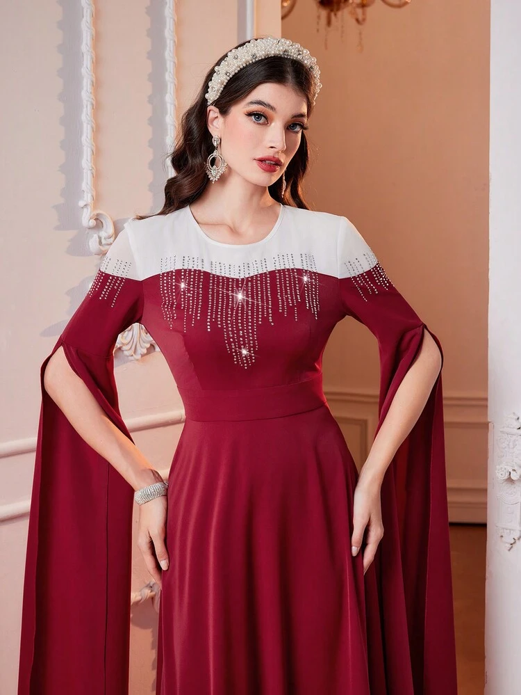 Burgundy Red Women's Colorblock Hot Drilling Split Long Sleeve Dress Long Evening Dresses