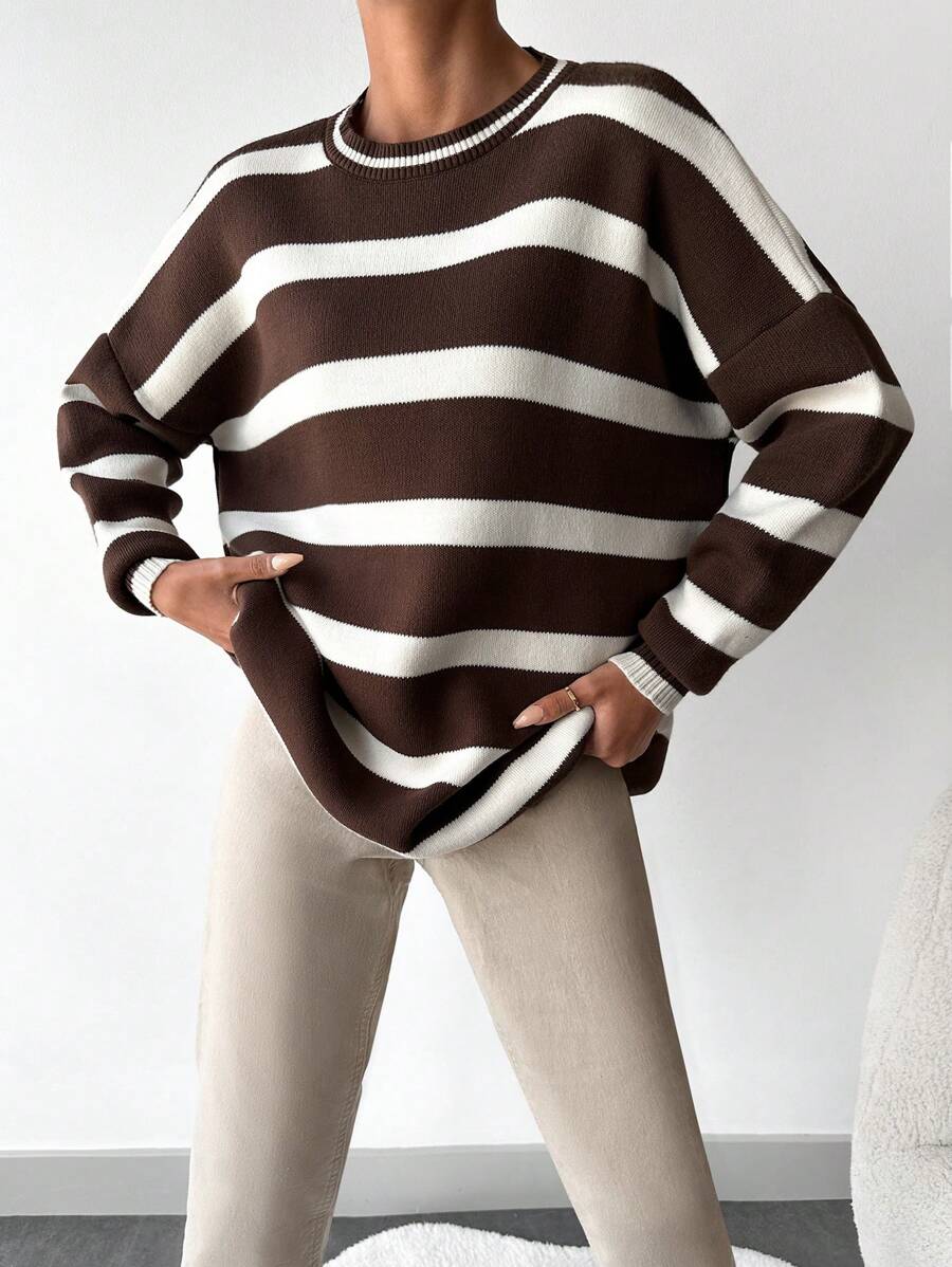 SHEIN Cottnline Striped Pattern Drop Shoulder Sweater - Black - View 1
