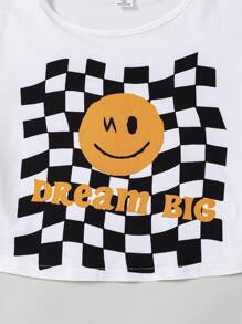 Explorewe 少女格紋和臉部印花短袖 T 恤和喇叭褲套裝 - 黑與白 - 查看 4