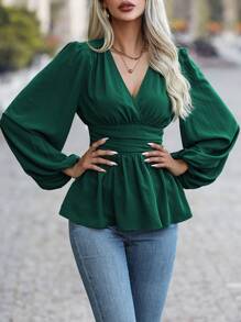 SHEIN Clasi Áo sơ mi peplum tay lỡ xếp ly cho nữ - màu xanh lá - Xem 6