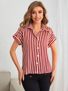 SHEIN Frenchy Striped Print Batwing Sleeve Shirt Christmas Red Summer New Year