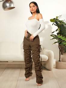 SHEIN SXY High Waist Drawstring Side Striped Pants - Coffee Brown - View 6