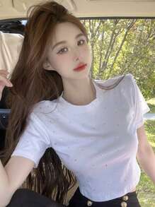 女士时尚水钻装饰短袖短款T恤，夏季 - 白色 - 查看 1