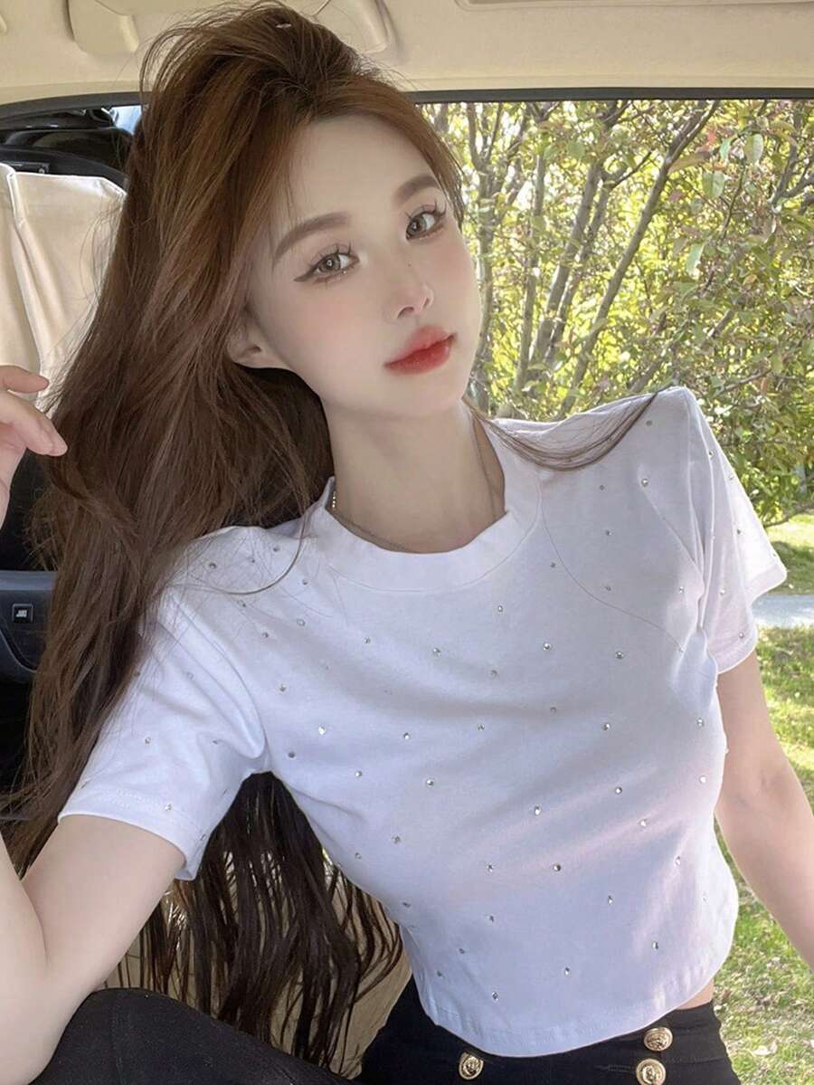 女士时尚水钻装饰短袖短款T恤，夏季 - 白色 - 查看 1