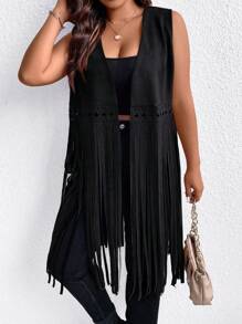 EMERY ROSE Plus Size Solid Color Fringed Sleeveless Jacket, For Winter Fall Autumn - Black - View 3