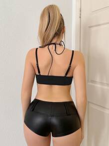 Sweetina Y2k Summer Lace Splicing Double Shoulder Strap Super Black Crop Top