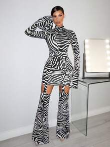 SHEIN SXY 性感的俱樂部服飾,新年前夕派對斑馬紋連衣裙和吊帶短褲套裝 - 黑與白 - 查看 5