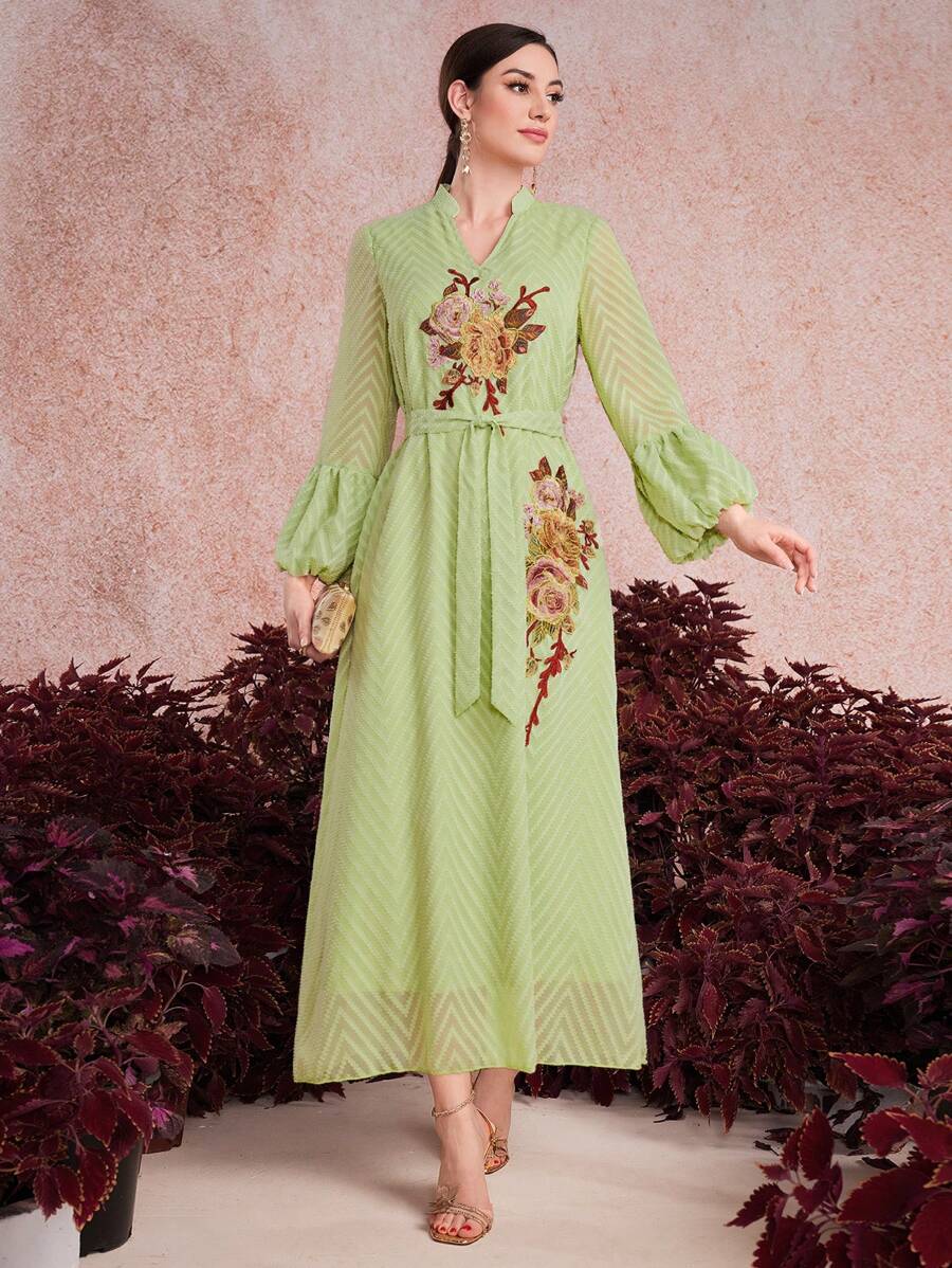 Modelyn Women's Floral Embroidery Lantern Sleeve Dress - Green - View 1