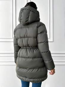 EURMUSE Flap Pocket Drawstring Waist Hooded Puffer Coat
