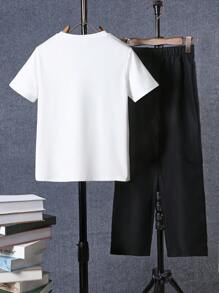SHEIN 青少年男孩城市风景印花两件套：长袖 T 恤和裤子 - 白色 - 查看 2