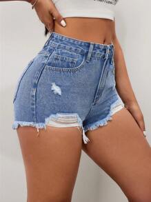 SHEIN ICON Distressed Washed Denim Shorts - Medium Wash - View 5