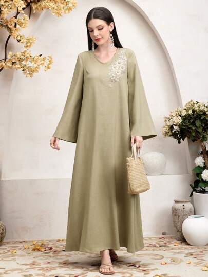 Al Najma Women's Beads Embroidered V-Neck Arabic Modest Full Length Dress