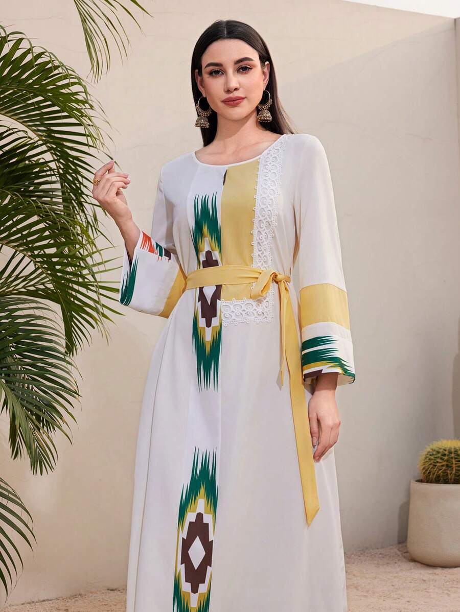 Al Najma 寬鬆休閒拼布印花洋裝 - 杏色 - 查看 1