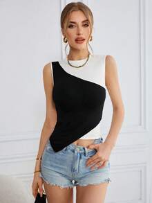 SHEIN Essnce 女士夏季休閒顏色分塊不對稱縫邊背心 - 黑與白 - 查看 5