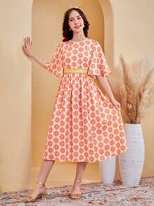 SHEIN Leap Crew Teen Girl's Jacquard Floral Printed Trumpet Sleeve Dress With Gold Waistband Decor And Embroidery - Orange - View 4