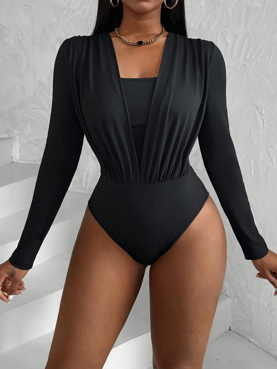 VaVaBold Slayr Women's Spring And Summer Pleated Chest 2 In 1 Long Sleeve Fashion Bodysuit - Black - View 1
