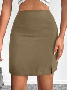 EURMUSE 女款純色高開衩下擺半身裙