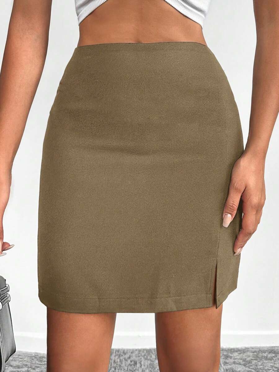 EURMUSE 女款純色高開衩下擺半身裙