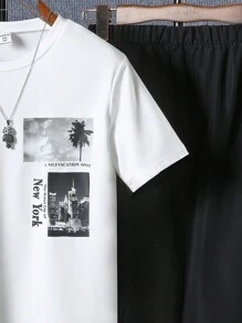 SHEIN 青少年男孩城市风景印花两件套：长袖 T 恤和裤子 - 白色 - 查看 4