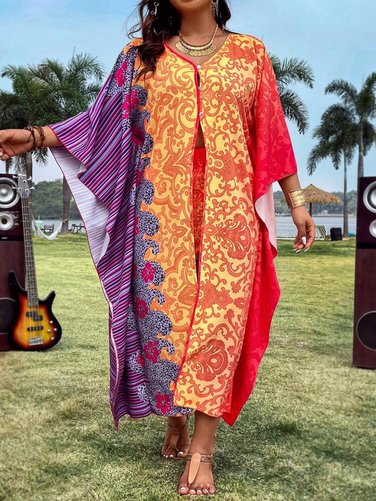 Plus Size Women's Loose Fit Printed Shirt And Shorts Set