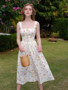 Vestido Feminino Com Estampa De Plantas E Alça Espaguete Franzido Com Cintura Elástica E Franzido Na Frente
