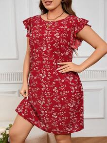 SHEIN Frenchy 大码女式花卉印花迷你盖袖连衣裙 - 紅白色 - 查看 6