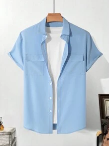 Manfinity Homme Men's Solid Color Short Sleeve Shirt - Baby Blue - View 3