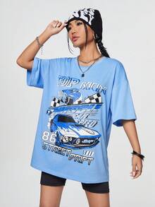 SHEIN Coolane Women's Loose Fit T-Shirt With Printed Racing Car Design - Baby Blue - View 5