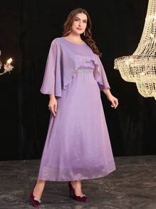 Modelyn Plus Size Fashion Solid Color Patchwork Cape Dress Long Evening Dresses - Pink - View 3
