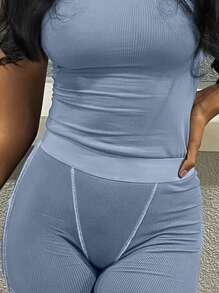 INAWLY Stitching Decorated Short Sleeve T-Shirt And Shorts Set - Blue - View 3