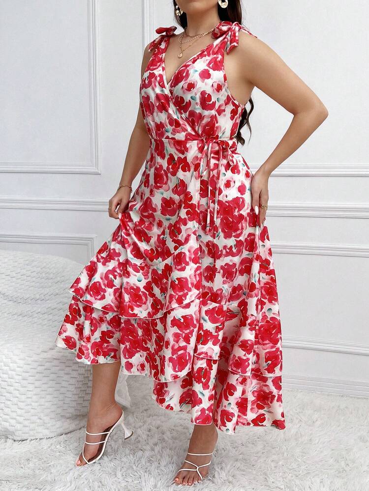 Plus Size Women's Floral Print Ruffled Hem Dress