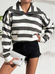 Women's Striped Long Sleeve Sweater - Grey - View 3