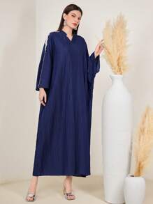 Al Najma 女士刺繡貼花凹口領格子袍 - 藍色 - 查看 5