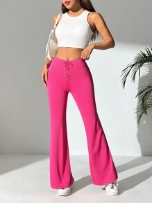 SHEIN PETITE Women's Flared Trousers With Drawstring Waist - Pink - View 5