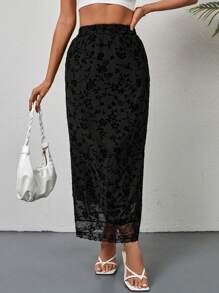 Chiquease Của phụ nữ Ren Vá lại Đuôi cá Hem Váy midi - màu đen - Xem 3