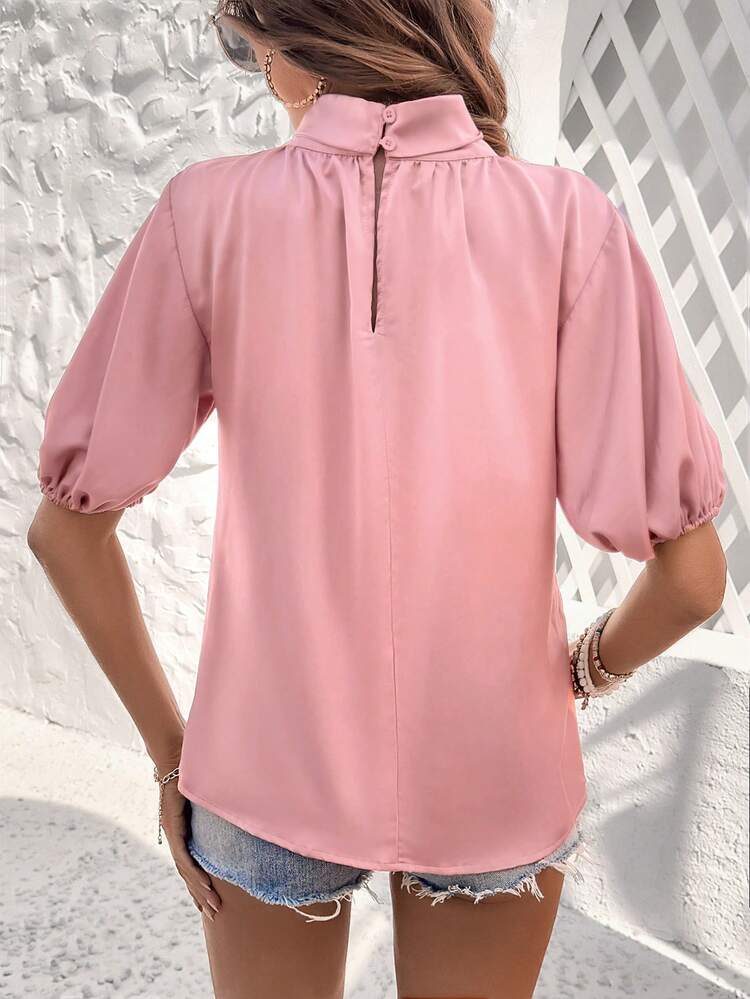 Solid Color Twist Knot Puff Short Sleeve Blouse