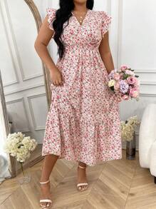 SHEIN Clasi 大码女式花卉印花盖袖 A 字型收腰连衣裙