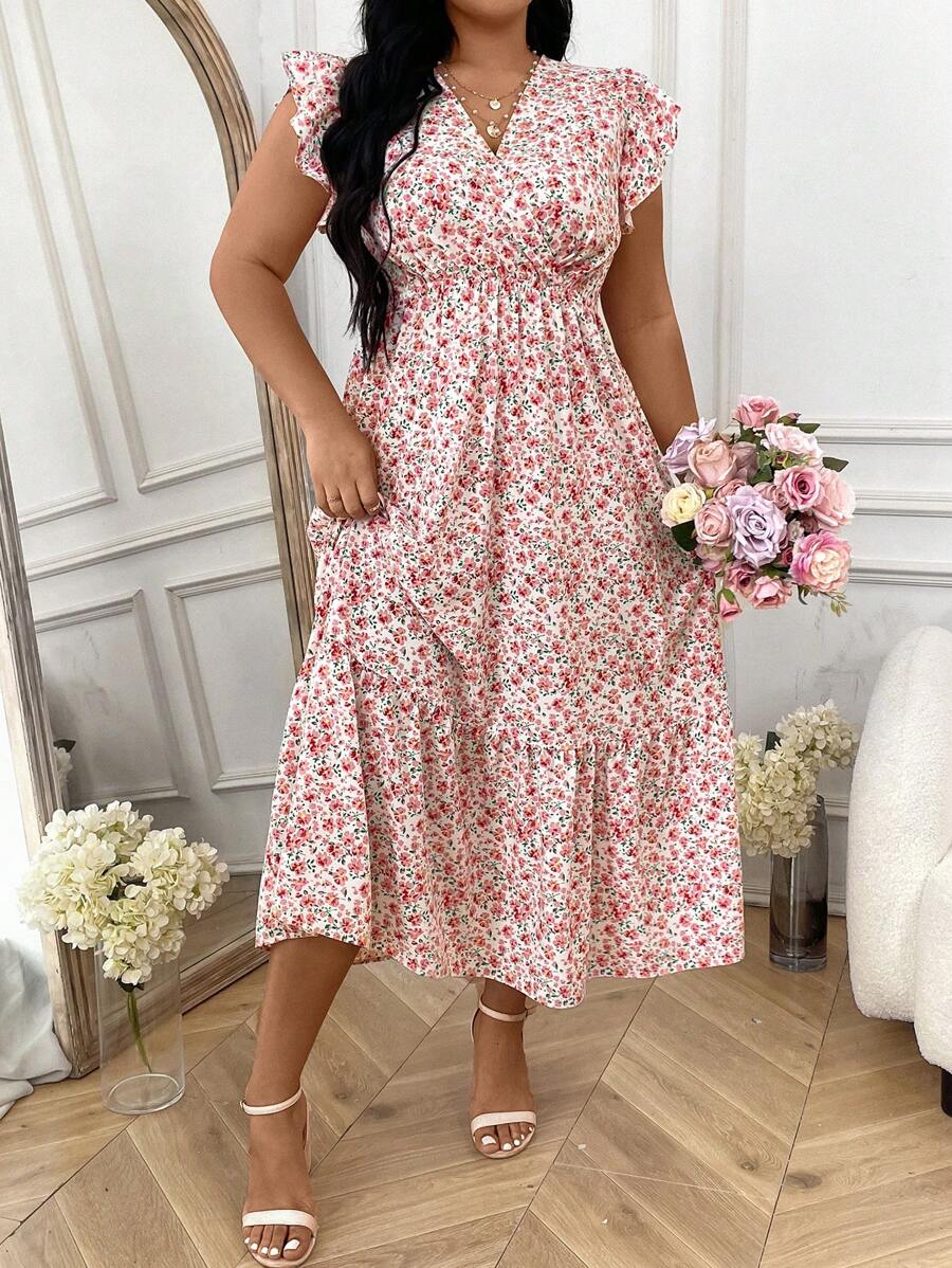 SHEIN Clasi 大码女式花卉印花盖袖 A 字型收腰连衣裙