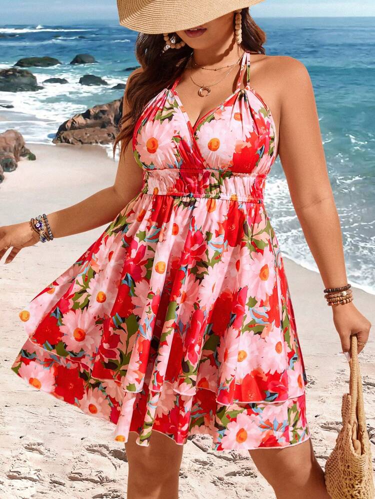 Plus Size Women's Floral Printed Spaghetti Strap Halter Neck Dress