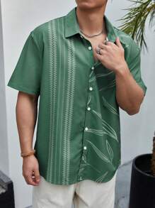 Manfinity RSRT Camisa Abierta De Botón De Manga Corta Con Estampado De Hojas Para Hombre - Verde - Ver 4