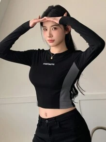DAZY Women's Colorblock Letter Printed T-Shirt,Fall Clothes Long Sleeve Women Tops Crop Women Tops Cute Tops - Black - View 1