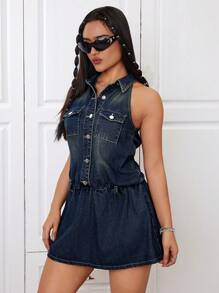 SHEIN ICON Sleeveless Denim Shirt Dress, Washed - Dark Wash - View 3