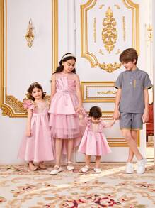 SHEIN 女嬰姊妹裝華麗緞面歐根紗荷葉邊下擺長袖洋裝 - 粉色 - 查看 9