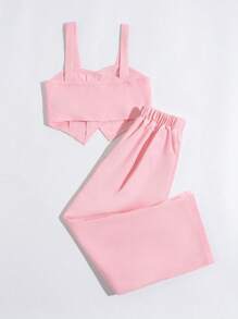 SHEIN 2pcs Elegant Suit Set For Tween Girls With Solid Color Camisole Top And Long Pants - Pink - View 2