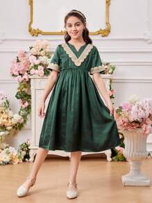 SHEIN 少女優雅風格洋裝,剪裁領口,編織腰帶裝飾 - 墨綠色 - 查看 3