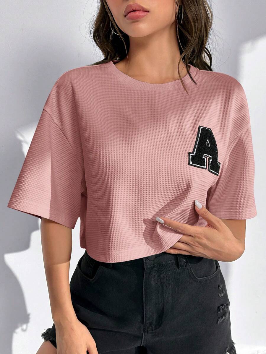 SHEIN EZwear 女士圓領垂墜肩針織t恤 - 藕粉色 - 查看 1