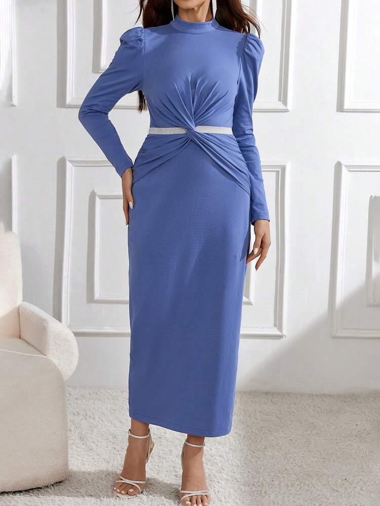 Women's Puff Sleeve Arab Twist Knot Dress Long Evening Dresses